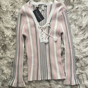 Striped Lace-Up Ribbed Knit Top - Pink, Gray, White